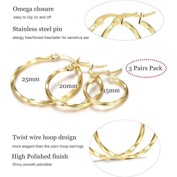 3Pairs Stainless Steel Twisted Gold Silver Small Hoop Earrings Set 15-25mm - Picture 2 of 7